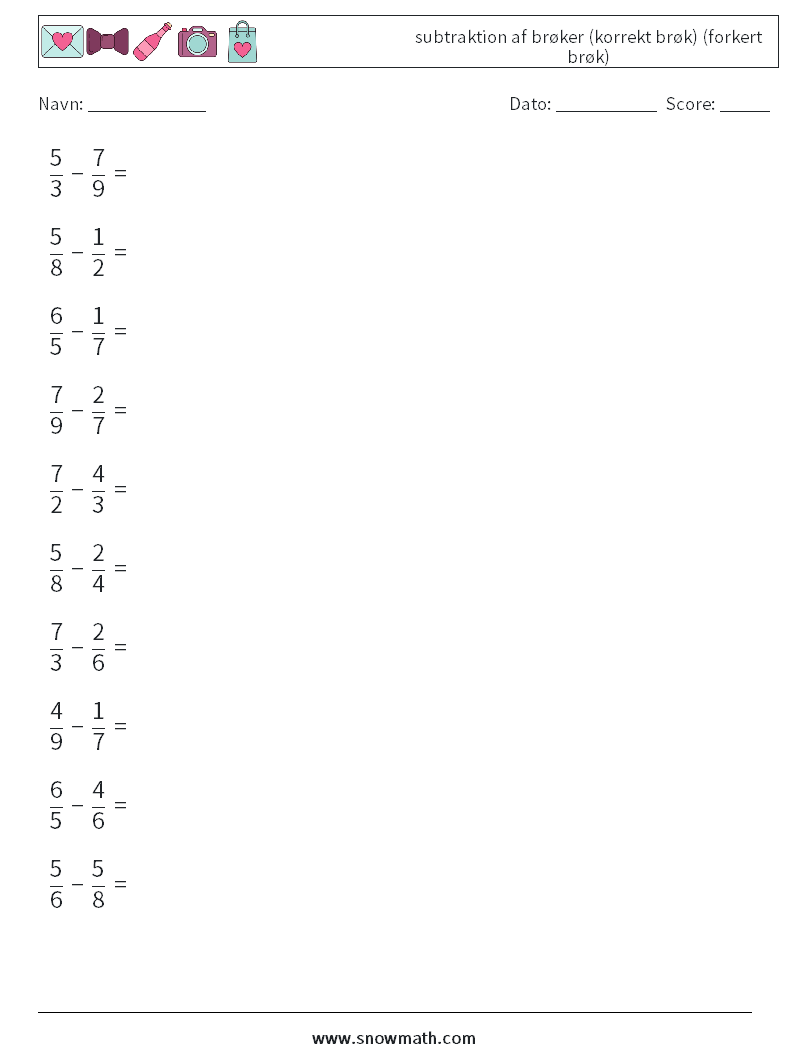 (10) subtraktion af brøker (korrekt brøk) (forkert brøk) Matematiske regneark 6