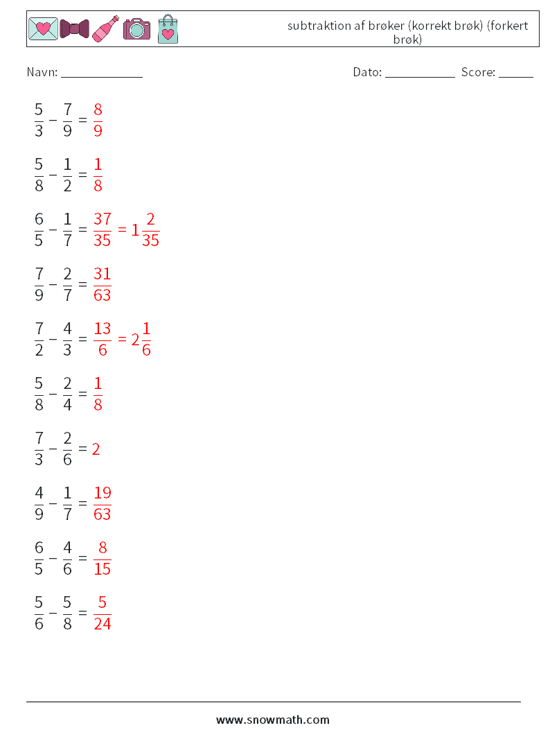 (10) subtraktion af brøker (korrekt brøk) (forkert brøk) Matematiske regneark 6 Spørgsmål, svar