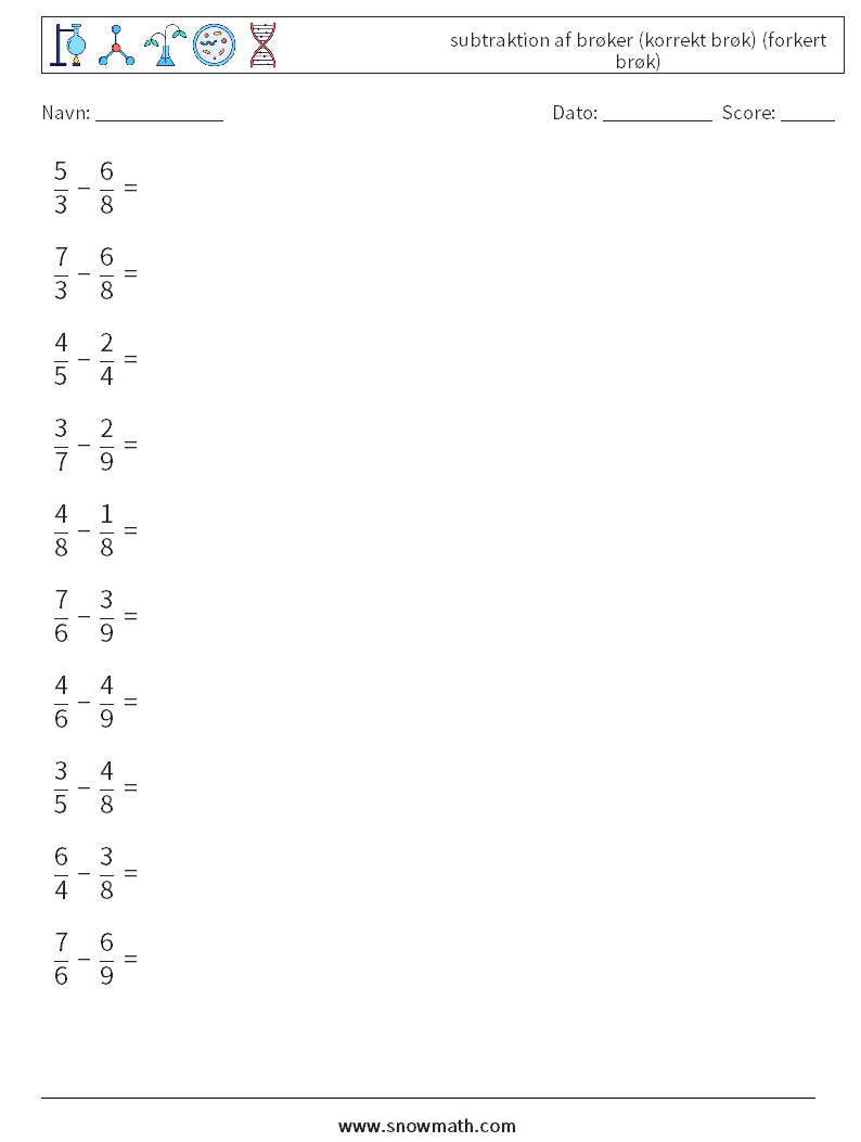 (10) subtraktion af brøker (korrekt brøk) (forkert brøk) Matematiske regneark 7