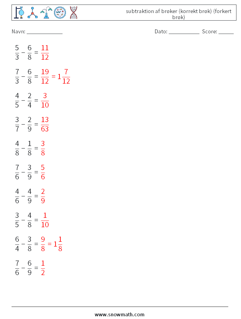 (10) subtraktion af brøker (korrekt brøk) (forkert brøk) Matematiske regneark 7 Spørgsmål, svar