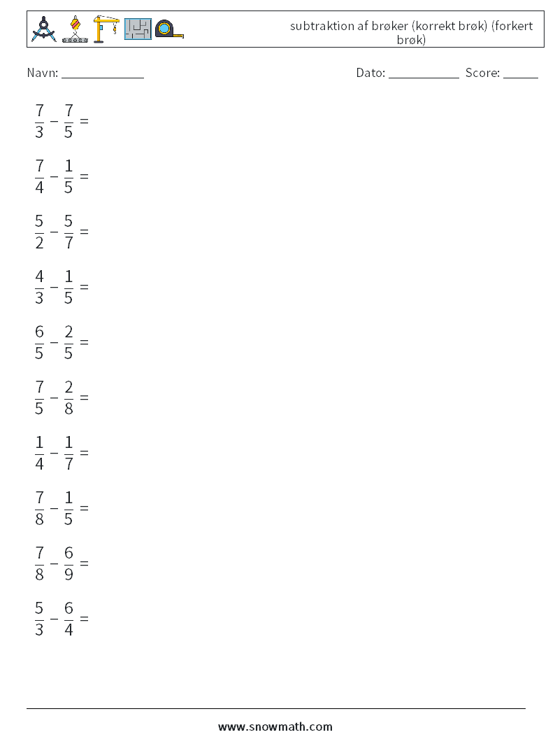 (10) subtraktion af brøker (korrekt brøk) (forkert brøk) Matematiske regneark 9