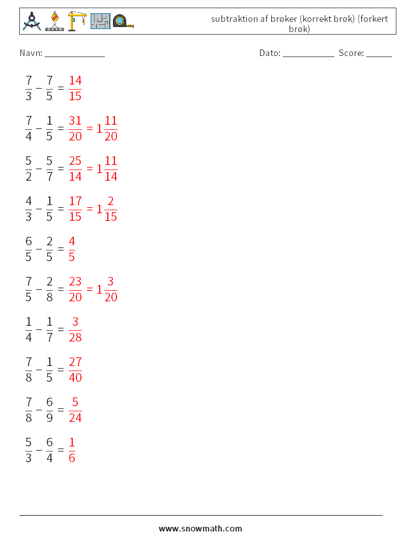 (10) subtraktion af brøker (korrekt brøk) (forkert brøk) Matematiske regneark 9 Spørgsmål, svar