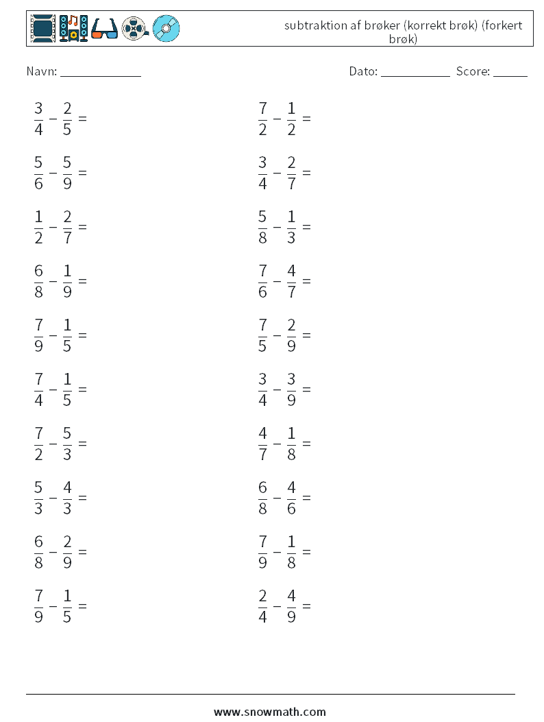 (20) subtraktion af brøker (korrekt brøk) (forkert brøk) Matematiske regneark 1