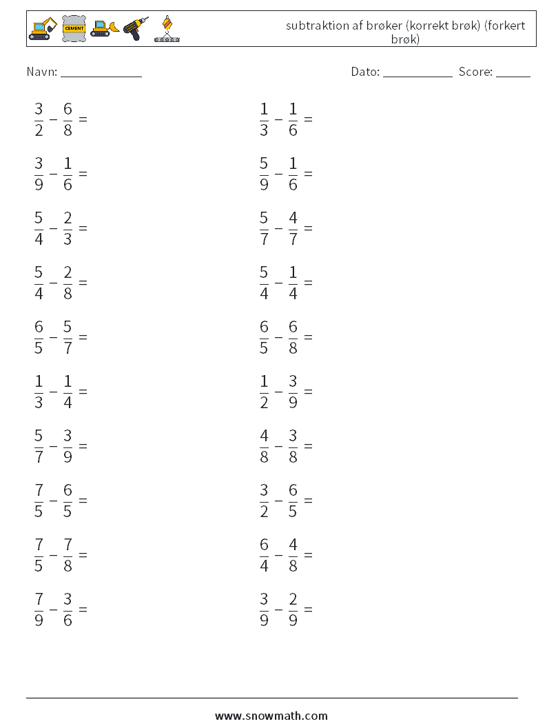 (20) subtraktion af brøker (korrekt brøk) (forkert brøk) Matematiske regneark 10