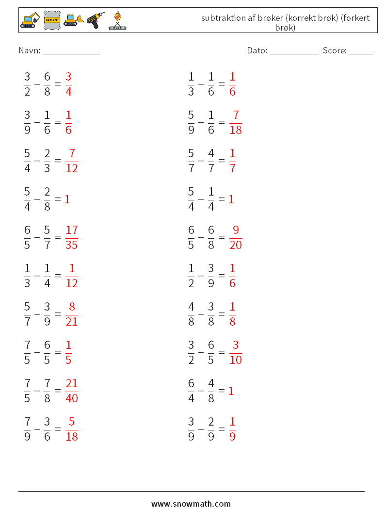 (20) subtraktion af brøker (korrekt brøk) (forkert brøk) Matematiske regneark 10 Spørgsmål, svar