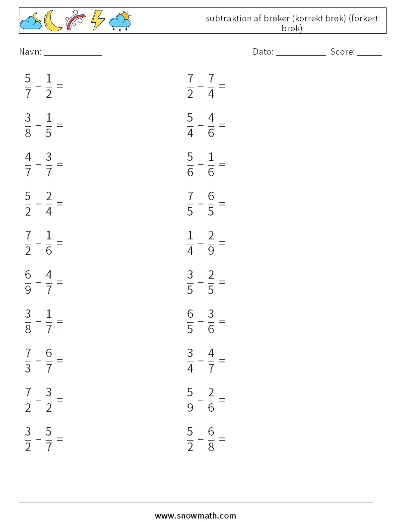 (20) subtraktion af brøker (korrekt brøk) (forkert brøk) Matematiske regneark 11