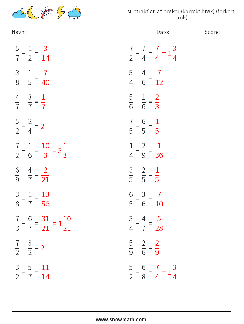 (20) subtraktion af brøker (korrekt brøk) (forkert brøk) Matematiske regneark 11 Spørgsmål, svar
