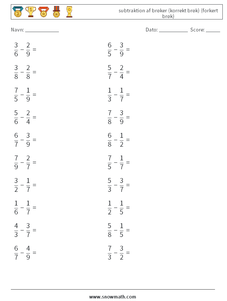 (20) subtraktion af brøker (korrekt brøk) (forkert brøk) Matematiske regneark 12