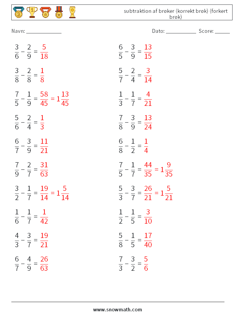 (20) subtraktion af brøker (korrekt brøk) (forkert brøk) Matematiske regneark 12 Spørgsmål, svar