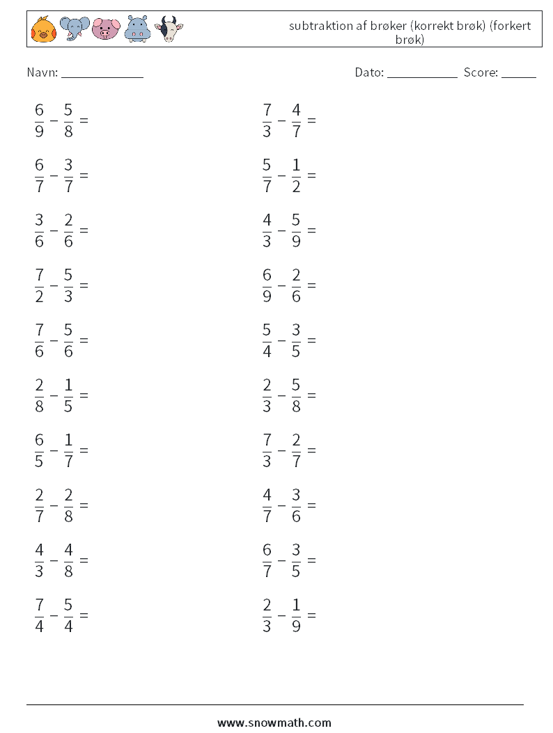 (20) subtraktion af brøker (korrekt brøk) (forkert brøk) Matematiske regneark 13