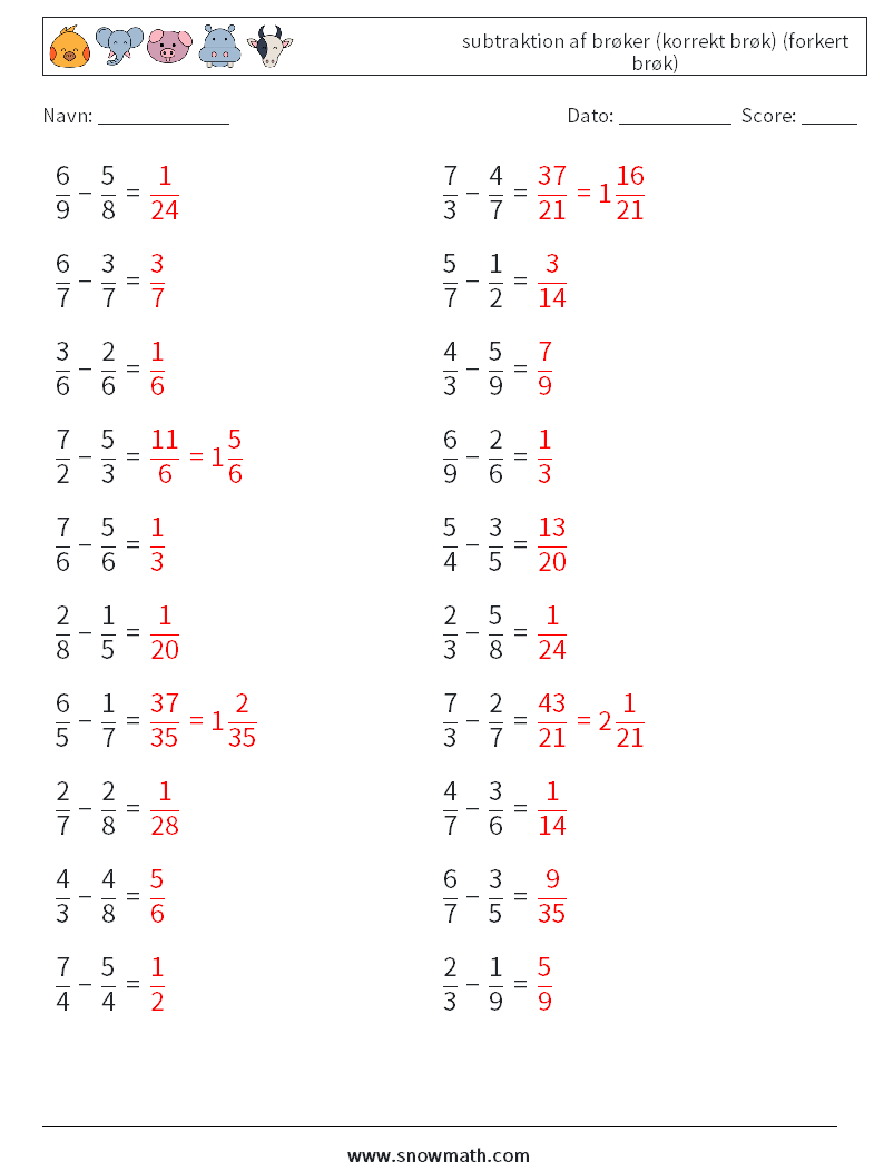 (20) subtraktion af brøker (korrekt brøk) (forkert brøk) Matematiske regneark 13 Spørgsmål, svar