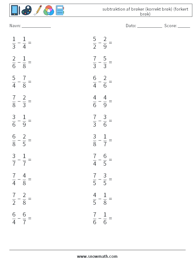 (20) subtraktion af brøker (korrekt brøk) (forkert brøk) Matematiske regneark 14