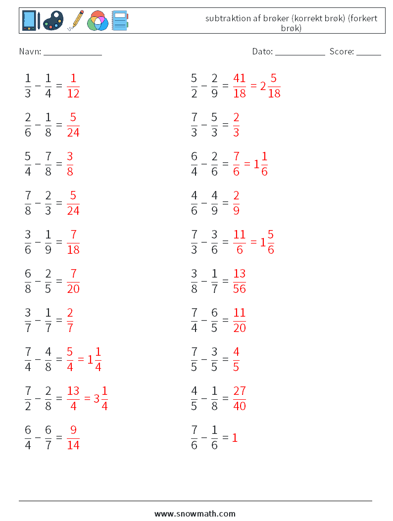(20) subtraktion af brøker (korrekt brøk) (forkert brøk) Matematiske regneark 14 Spørgsmål, svar