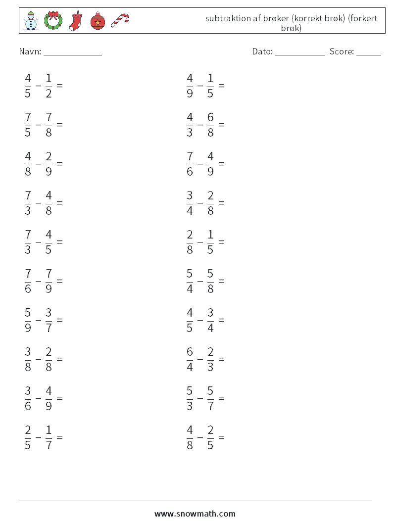 (20) subtraktion af brøker (korrekt brøk) (forkert brøk) Matematiske regneark 15