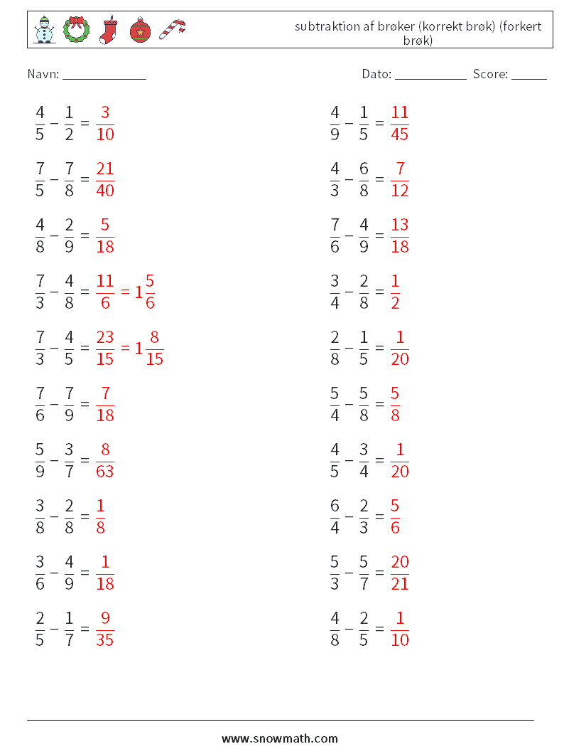 (20) subtraktion af brøker (korrekt brøk) (forkert brøk) Matematiske regneark 15 Spørgsmål, svar