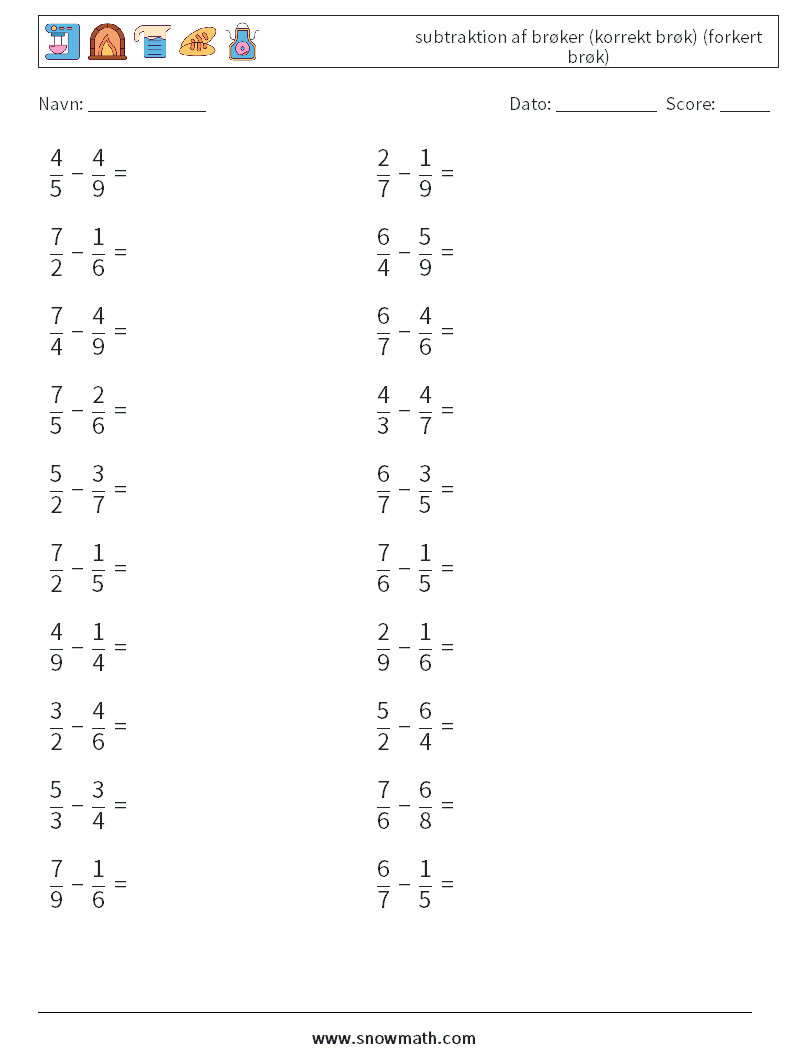 (20) subtraktion af brøker (korrekt brøk) (forkert brøk) Matematiske regneark 16