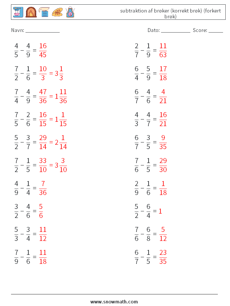 (20) subtraktion af brøker (korrekt brøk) (forkert brøk) Matematiske regneark 16 Spørgsmål, svar