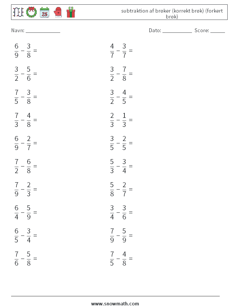 (20) subtraktion af brøker (korrekt brøk) (forkert brøk) Matematiske regneark 17