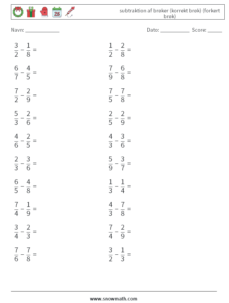 (20) subtraktion af brøker (korrekt brøk) (forkert brøk) Matematiske regneark 18