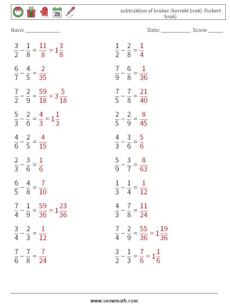 (20) subtraktion af brøker (korrekt brøk) (forkert brøk) Matematiske regneark 18 Spørgsmål, svar