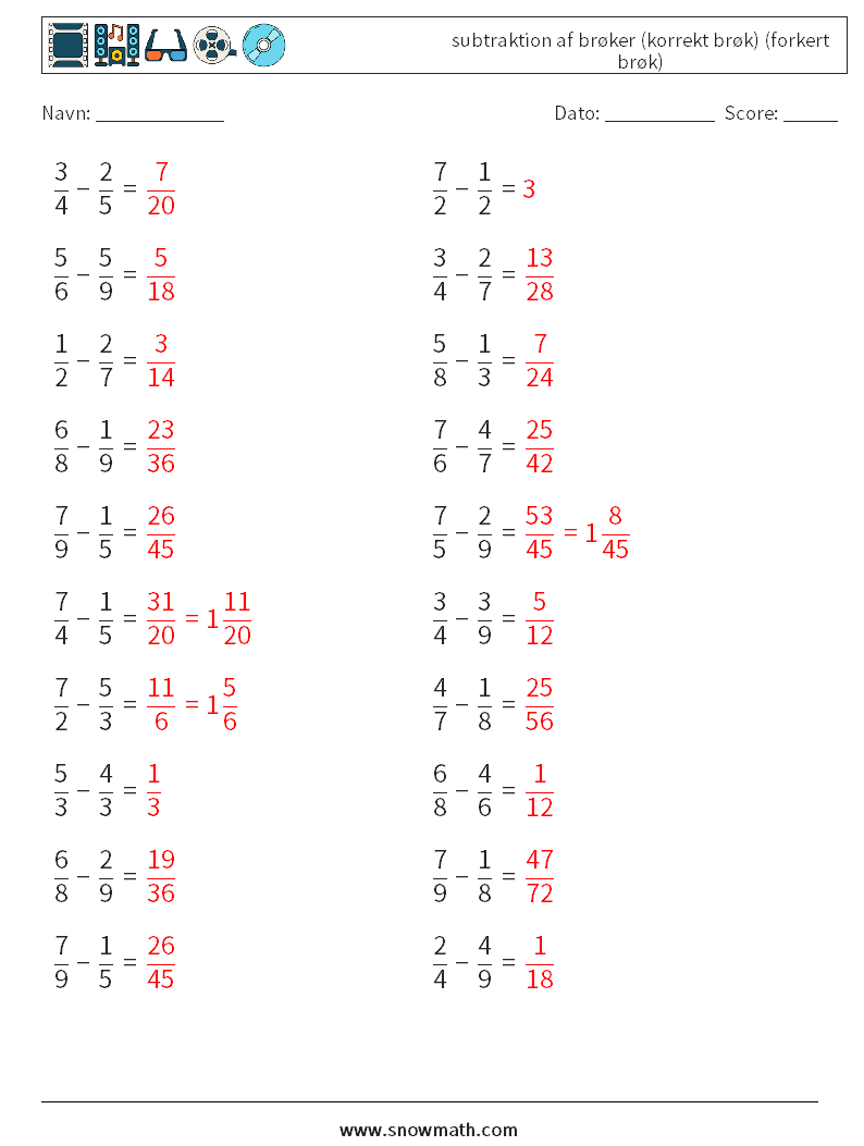 (20) subtraktion af brøker (korrekt brøk) (forkert brøk) Matematiske regneark 1 Spørgsmål, svar