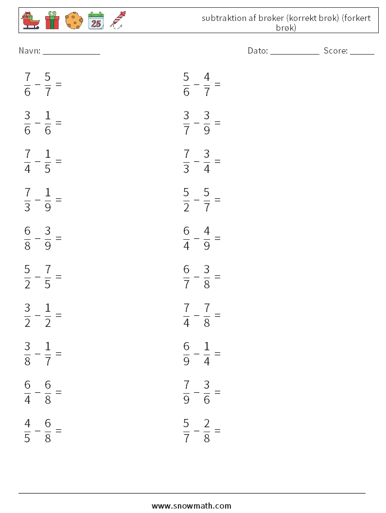 (20) subtraktion af brøker (korrekt brøk) (forkert brøk) Matematiske regneark 2