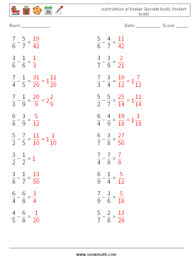 (20) subtraktion af brøker (korrekt brøk) (forkert brøk) Matematiske regneark 2 Spørgsmål, svar