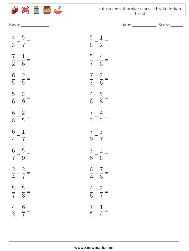 (20) subtraktion af brøker (korrekt brøk) (forkert brøk) Matematiske regneark 3