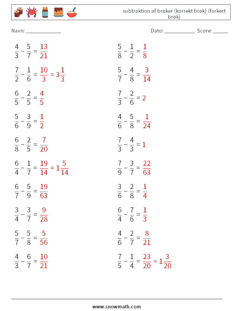 (20) subtraktion af brøker (korrekt brøk) (forkert brøk) Matematiske regneark 3 Spørgsmål, svar