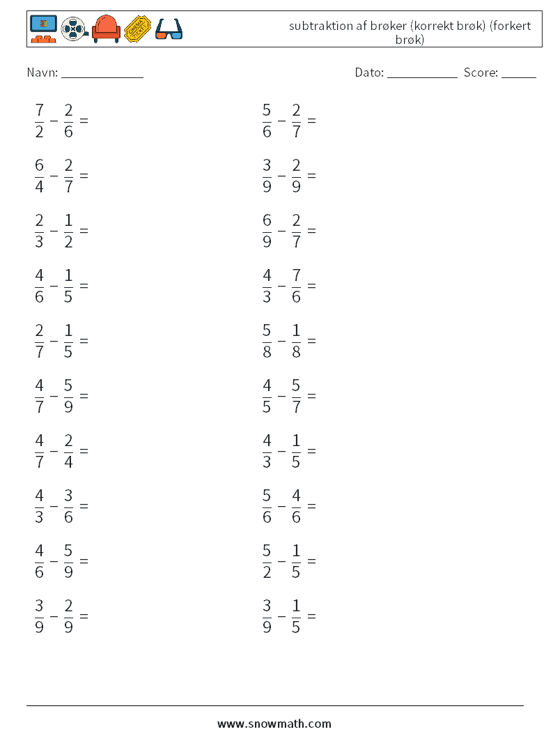 (20) subtraktion af brøker (korrekt brøk) (forkert brøk) Matematiske regneark 4