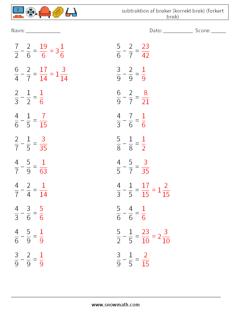 (20) subtraktion af brøker (korrekt brøk) (forkert brøk) Matematiske regneark 4 Spørgsmål, svar