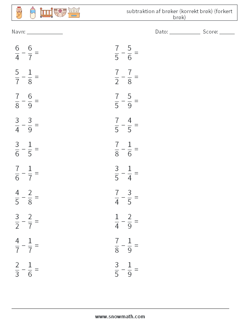 (20) subtraktion af brøker (korrekt brøk) (forkert brøk) Matematiske regneark 5