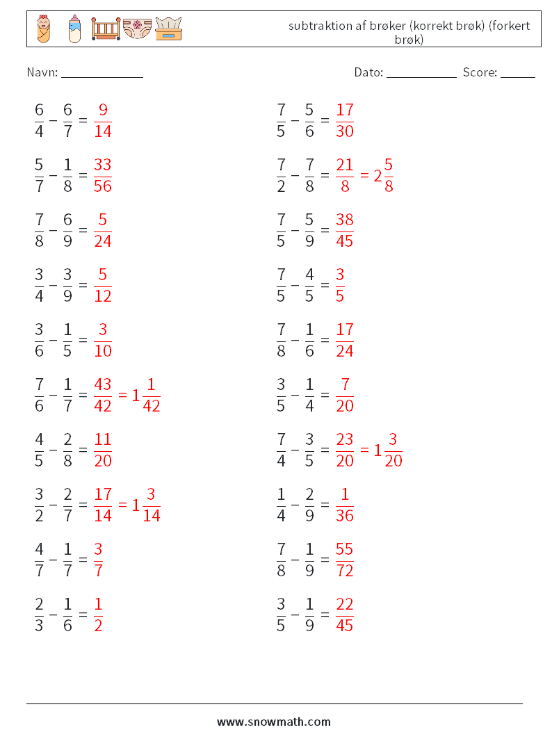 (20) subtraktion af brøker (korrekt brøk) (forkert brøk) Matematiske regneark 5 Spørgsmål, svar