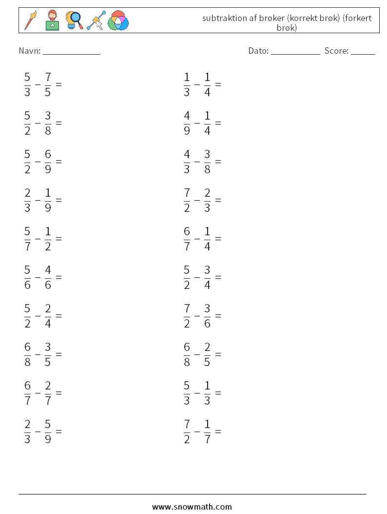 (20) subtraktion af brøker (korrekt brøk) (forkert brøk) Matematiske regneark 6