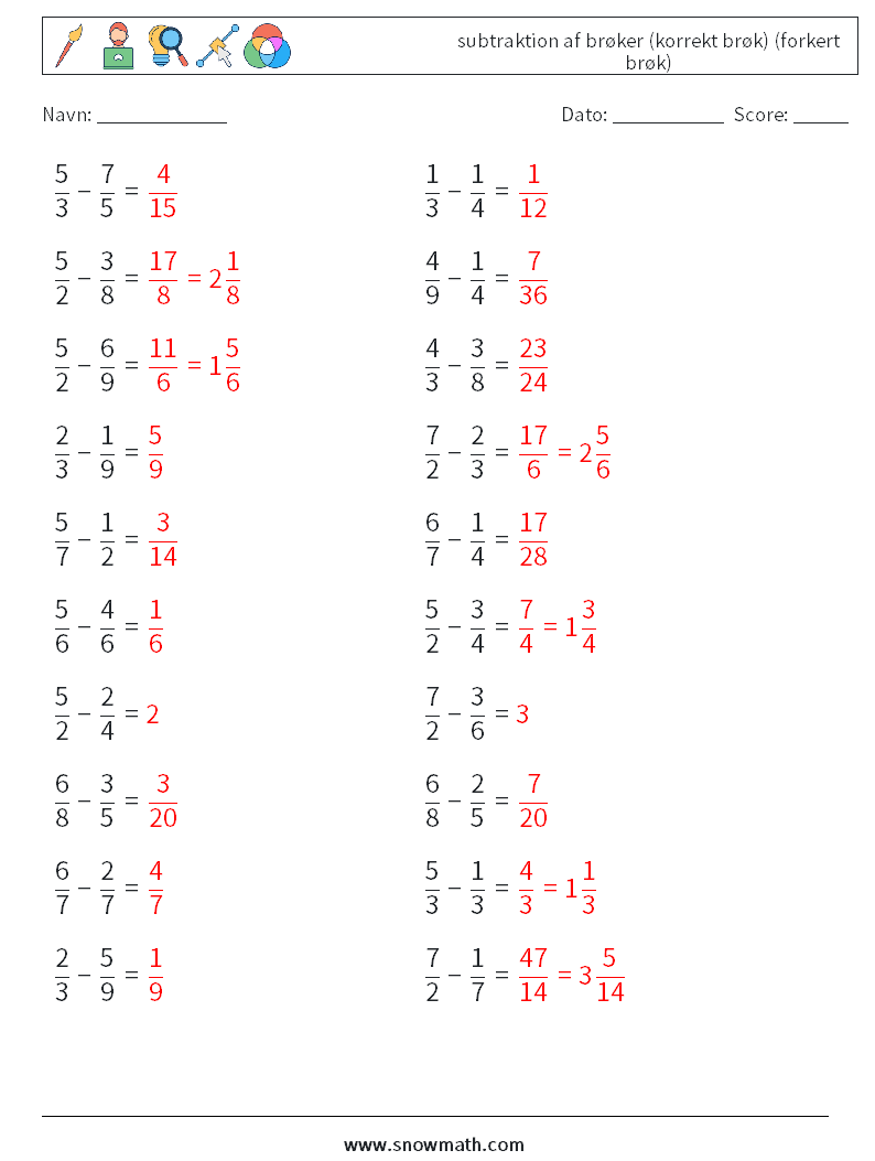 (20) subtraktion af brøker (korrekt brøk) (forkert brøk) Matematiske regneark 6 Spørgsmål, svar