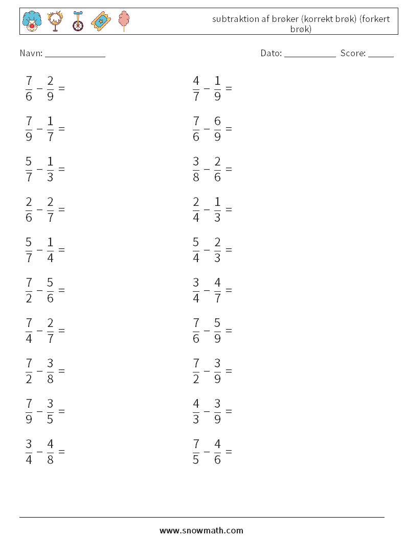 (20) subtraktion af brøker (korrekt brøk) (forkert brøk) Matematiske regneark 7