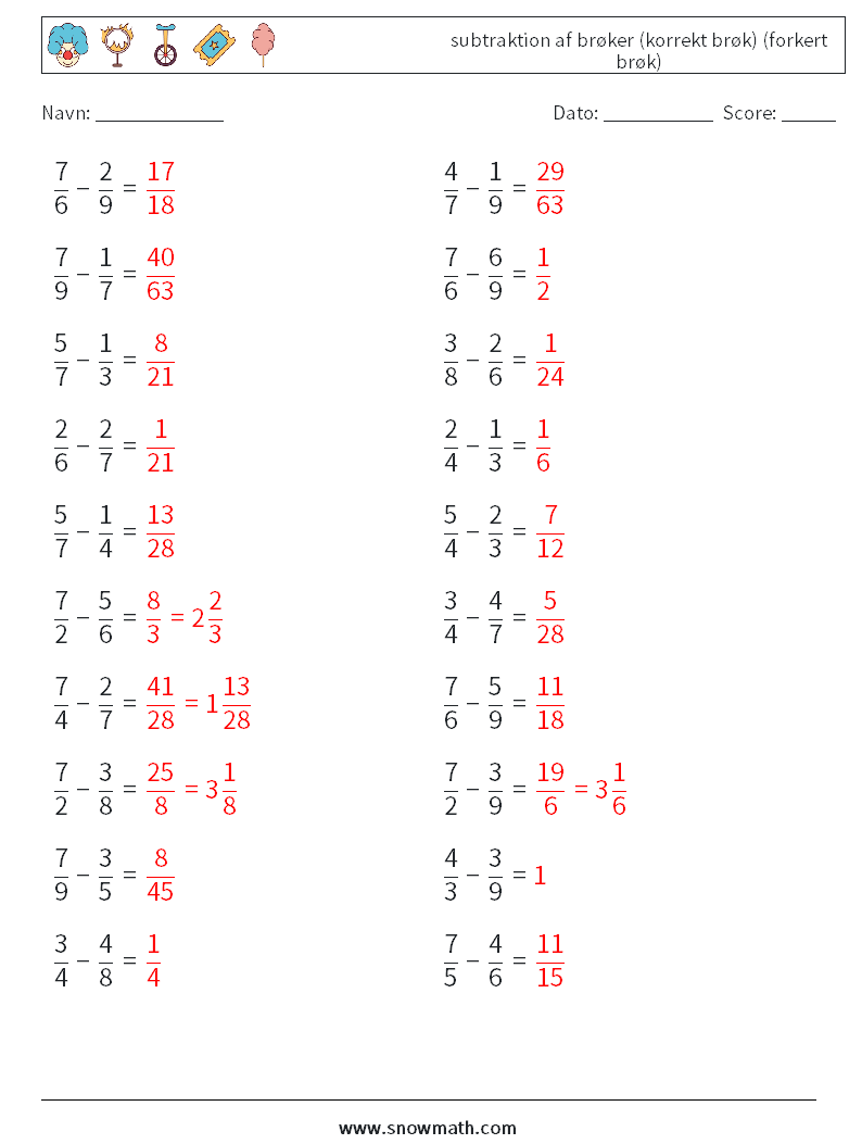 (20) subtraktion af brøker (korrekt brøk) (forkert brøk) Matematiske regneark 7 Spørgsmål, svar