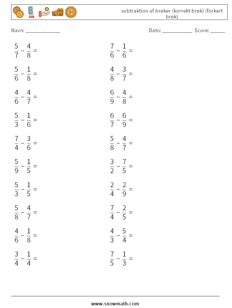 (20) subtraktion af brøker (korrekt brøk) (forkert brøk) Matematiske regneark 8
