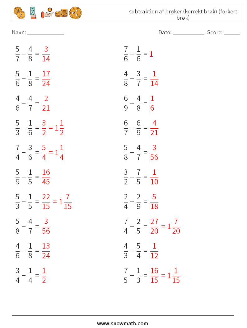 (20) subtraktion af brøker (korrekt brøk) (forkert brøk) Matematiske regneark 8 Spørgsmål, svar