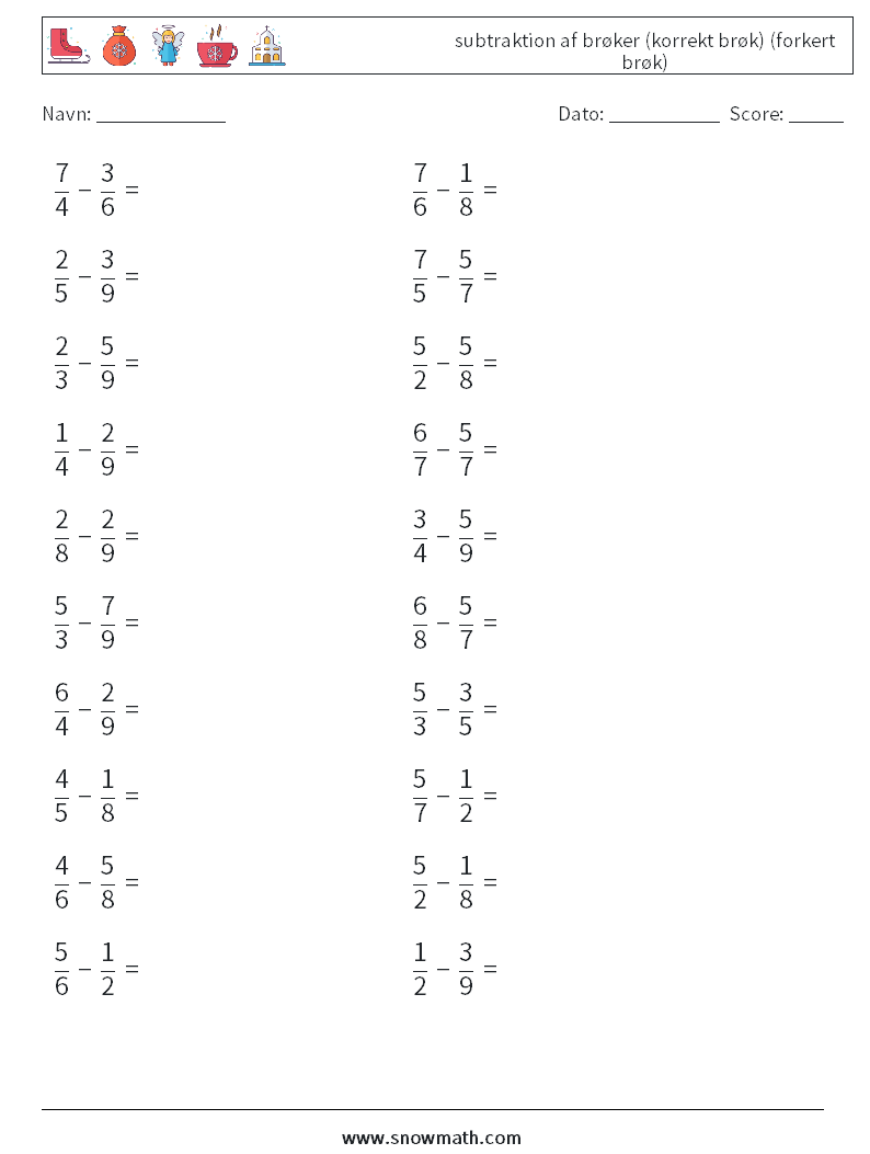 (20) subtraktion af brøker (korrekt brøk) (forkert brøk) Matematiske regneark 9