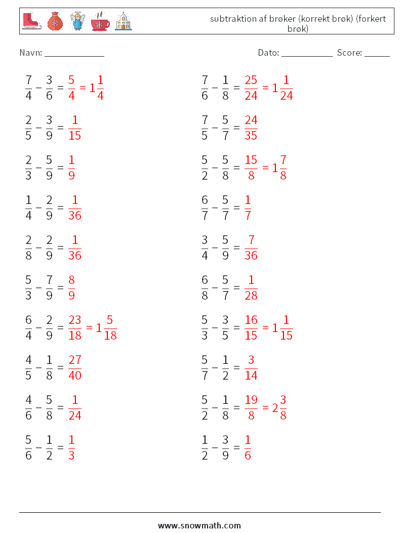 (20) subtraktion af brøker (korrekt brøk) (forkert brøk) Matematiske regneark 9 Spørgsmål, svar