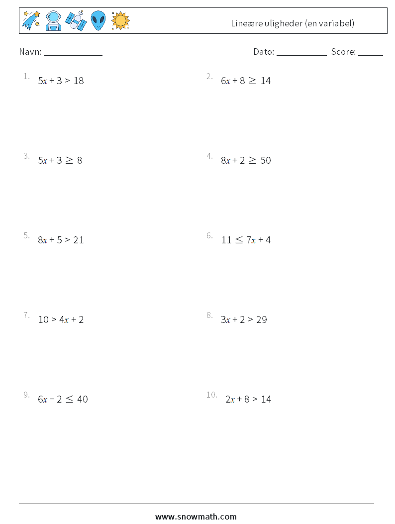 Lineære uligheder (en variabel) Matematiske regneark 1