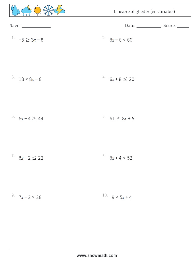 Lineære uligheder (en variabel) Matematiske regneark 2