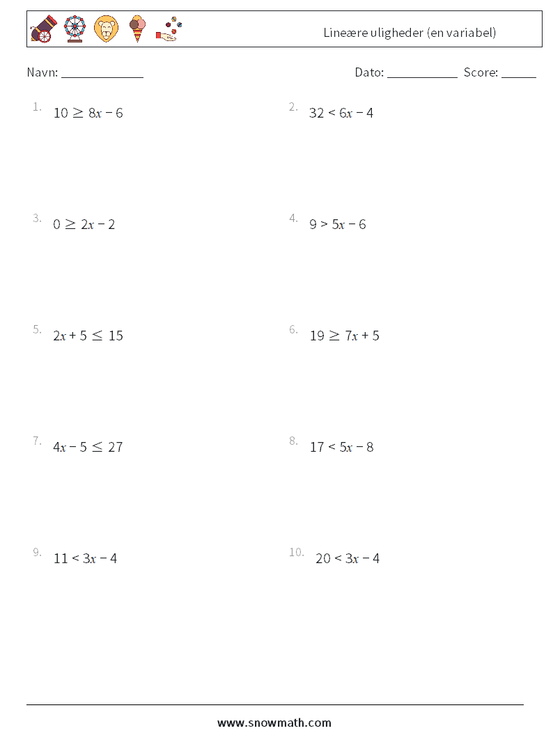 Lineære uligheder (en variabel) Matematiske regneark 3