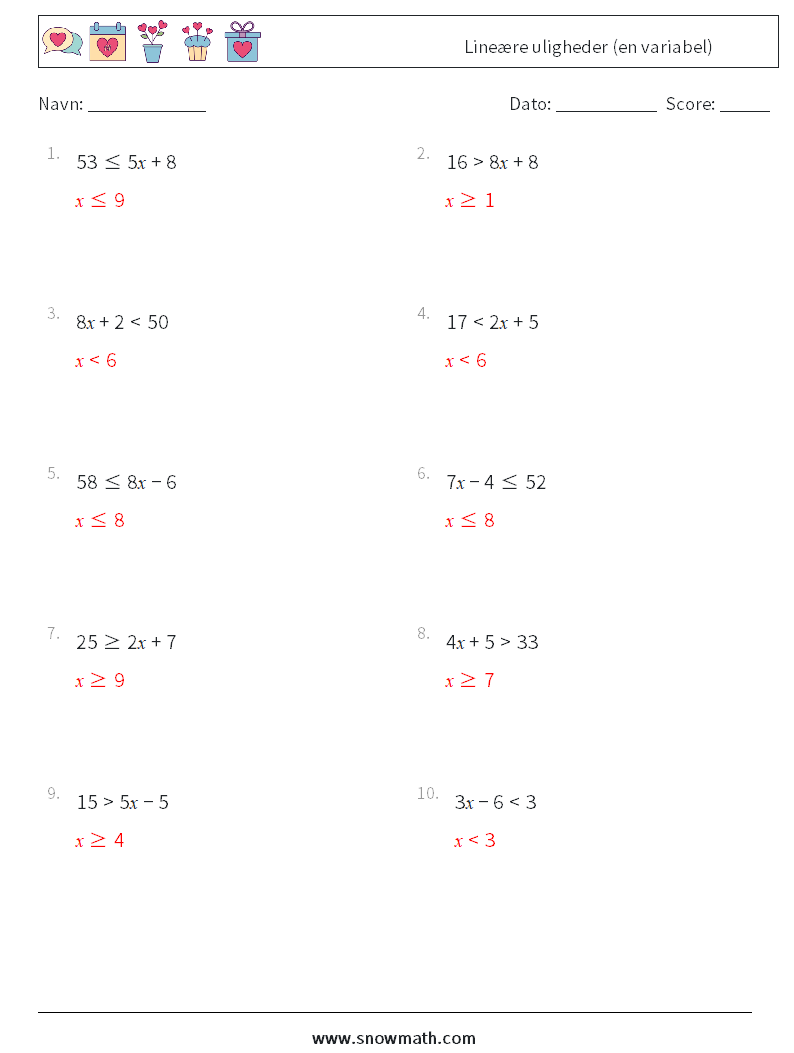 Lineære uligheder (en variabel) Matematiske regneark 5 Spørgsmål, svar