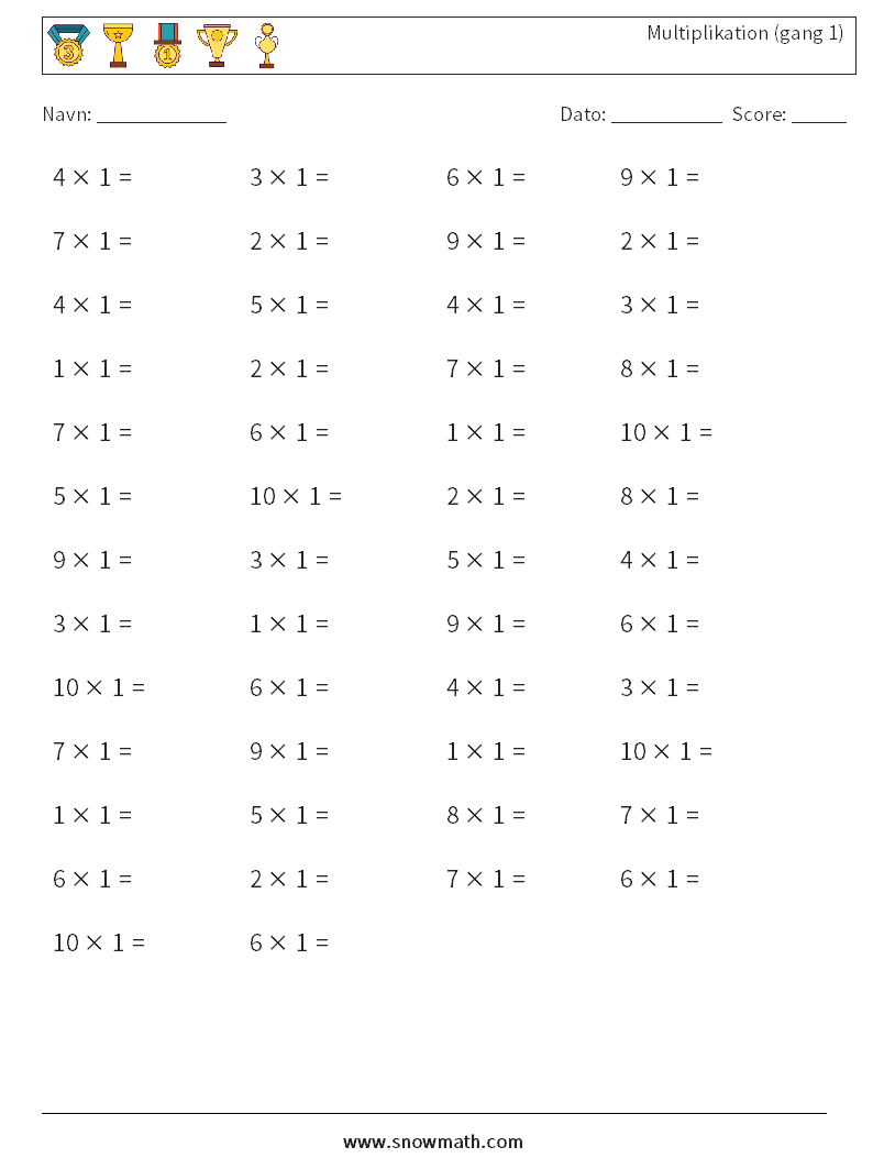 (50) Multiplikation (gang 1) Matematiske regneark 1