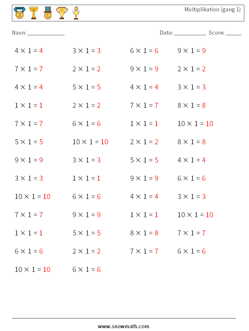(50) Multiplikation (gang 1) Matematiske regneark 1 Spørgsmål, svar
