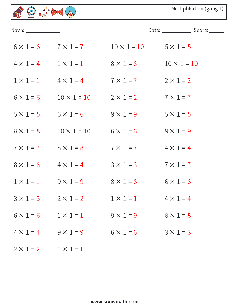 (50) Multiplikation (gang 1) Matematiske regneark 2 Spørgsmål, svar