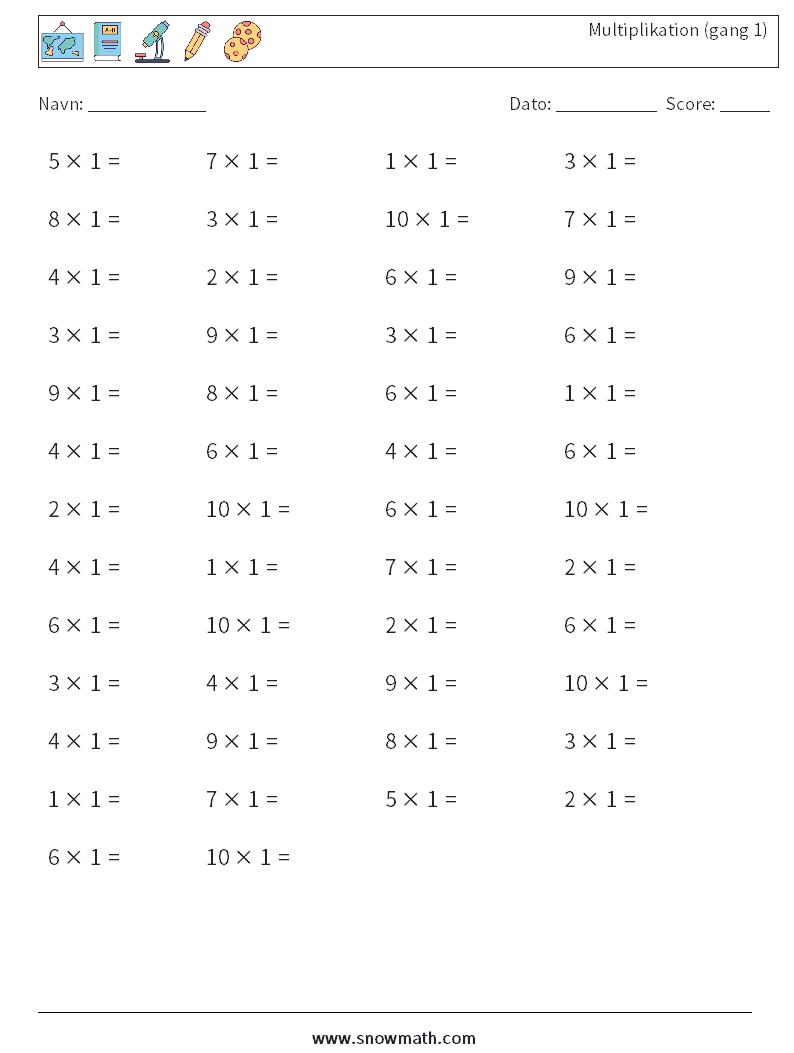 (50) Multiplikation (gang 1) Matematiske regneark 3