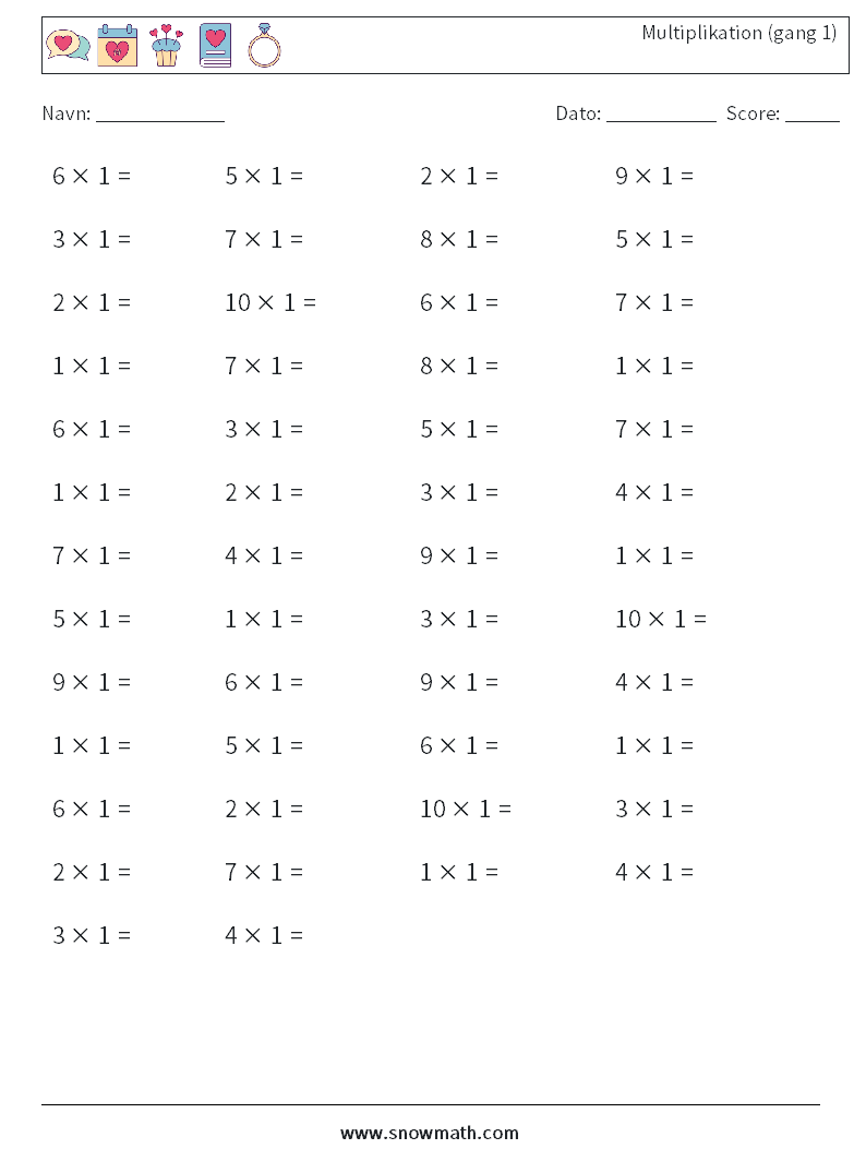(50) Multiplikation (gang 1) Matematiske regneark 4